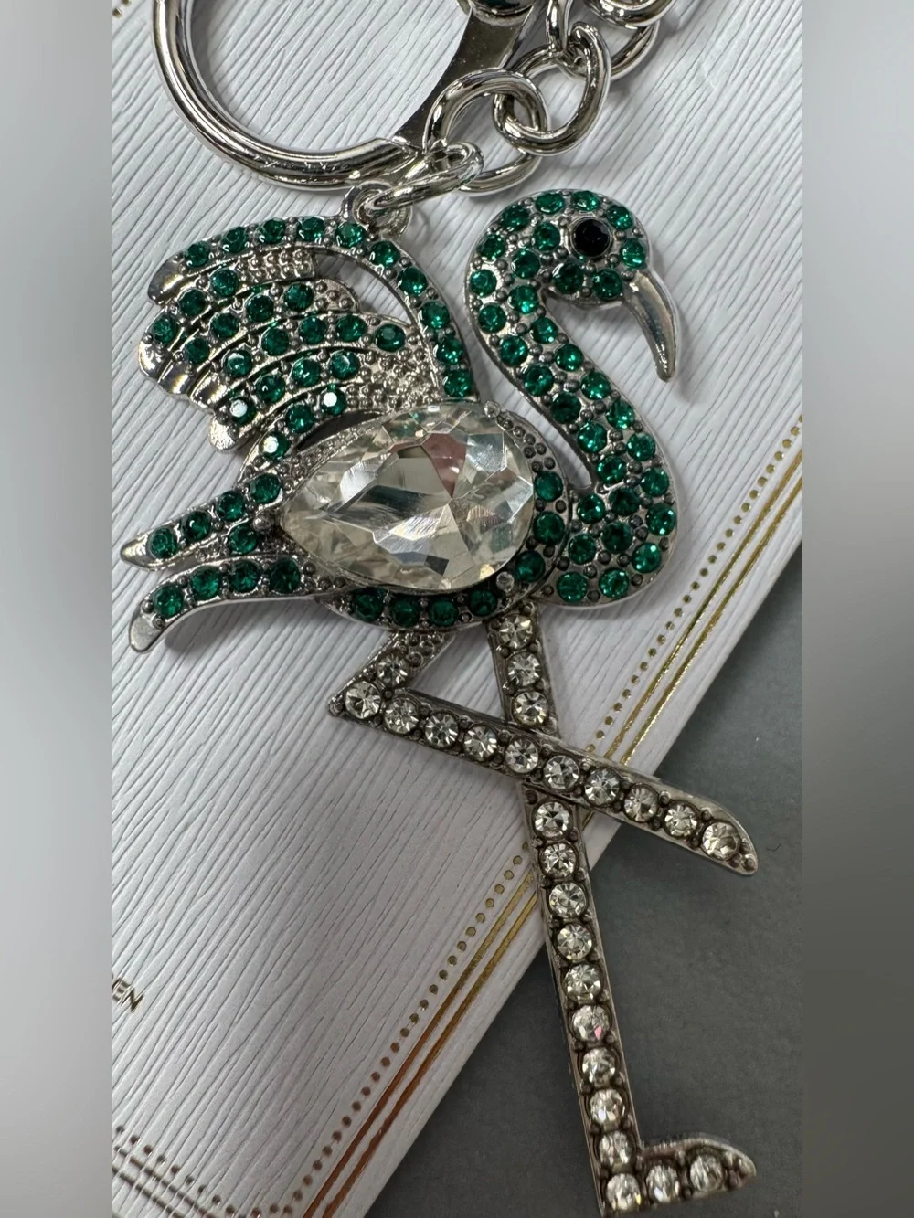 Crystal-Embellished Green Flamingo Keychain purse charm crystals zoo animal love